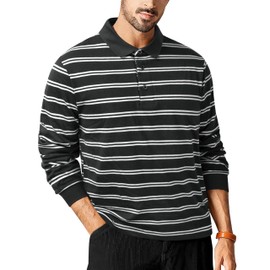 TAPULCO Stylish Cotton Long Sleeve Striped Polo Shirts for Men Midweight Skin-Friendly Casual Wear Rugby Shirts Office Black White Medium