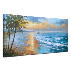 Enartly Seascape Wall Art Ocean Nature Landscape Canvas Painting Artwork Textured Large Size Framed for Living Room Bedroom Bathroom Home Office Wall Decor, 40"x20"