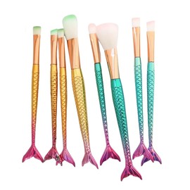 Juego 4 Brochas Aplicar Maquilaje Cerdas Suaves Diseño Sirena Color Tornasol Polvo Sombras Rubor Iluminador Diseño Cola de Sirena Tornasol Brillante Cosmético