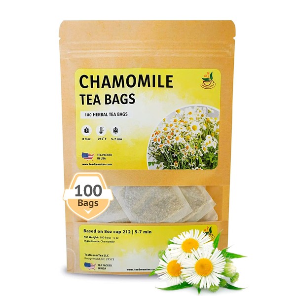 TeaDeam Tea Chamomile Tea Bags | Caffeine-Free & Sleep Time Tea | Chamomile Flowers Aroma - For Relieving Stress | Brew Hot Or Iced | 100 Tea Bags