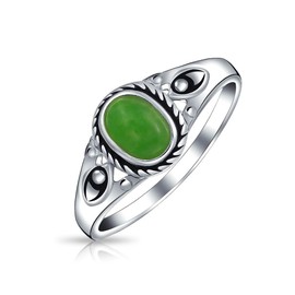 Petite Cabochon Boho Fashion Bali Style Oval Dyed Green Jade Bezel Filigree Band Ring For Women .925 Sterling Silver August Birthstone