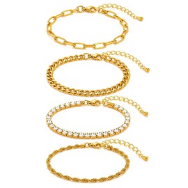 ALEXTINA Stainless Steel Gold Bracelets Set for Women, 4PCS Non Tarnish Stackable Bracelet Set, Cuban Link Paperclip Chain Cubic Zirconia Tennis Bracelet, Adjustable Dainty Jewelry Gift