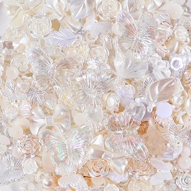 250PCS 3D Flatback Beads White Assorted Flower Bows Butterfly Beads with Flatback Pearl Round Pearl Beads for Jewelry Bracelet Making, 3D Flatback Charm Beads for Crafts DIY Making