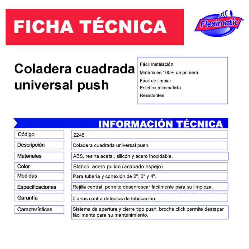 Fleximatic Coladera Universal Cuadrada Push, 2248, Acero Inoxidable, ABS, Resina