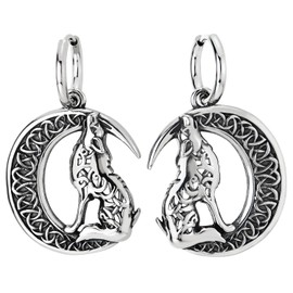 Celtic Crescent Moon Howling Lone Wolf Mens Stainless Steel Dangling Hoop Earrings Huggie Hinged（CA）