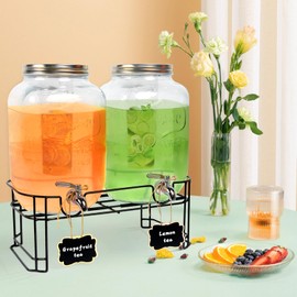 Glass Drink Dispenser with Stainless Steel Spigot,2Pack- 2 Gallon Beverage Dispenser with Stand for Party Iced Juice,Lemonade,Soda Container -with ice cylinder included (Oval)