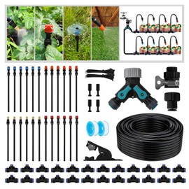 Drip Irrigation Kit - 100 FT. Hose Sprinkler System with 360° nozzles and T-connectors for Gardens, lawns, Plants, Flower beds, Trees, patios and hydroponics (24 360° nozzles + 24 T-connectors)