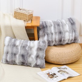 Madizz Pack of 2 Thick Plush Wool Throw Pillow Covers 12x20 Inch White Grey Soft Decorative Cushion Cover for Sofa Bedroom Pillow Shell