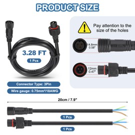 PATIKIL 3.28Ft 3 Pin Extension Cable Wire, 18AWG Waterproof IP67 Extension Cord with 7.87" Male Female Connector kit for Boat Car Truck Indoor/Outdoor Solar LED Strip Light, Black