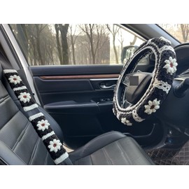 YDMZZB Crochet Daisy Steering Wheel Cover, Handmade Steering Wheel Cover for Women,Cute Steering Wheel Cover,Car Accessories (Black Wheel Cover+2 Belt Cover)