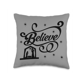 Believe Letter Printed Nativity Silhouette Tees Believe Christmas Nativity Scene Religious Christian Themed Throw Pillow, 16x16, Multicolor