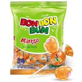 Bon Bon Bum – Fruity Lollipop with Bubble Gum center – Perfect for Parties and Sharing (24 Pieces, Mango)