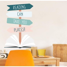 Open Book Wooden Direction Signs 20" x 27" Multicolored Kids School Bedroom Concept Design Wall Decoration Reading Can Take You Places Inspirational Quotes Vinyl Wall Decal Sticker