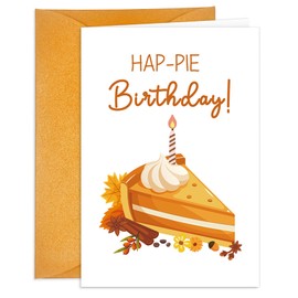 JUESMOS Fall Thanksgiving Happy Birthday Card with Envelope HAP-PIE Birthday Card Cute Autumn Pumpkin Pie Gifts Cards for Kids Family Friends