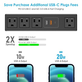 CCCEI Desk Clamp Power Strip with USB-A and USB-C Ports, Desktop Mount Surge Protector 1200J, Widely Spaced Desk Outlet Station, Fast Charging, 6 FT Flat Plug, Fit 1.9 inch Tabletop Edge. (Black)