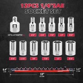 1/4" Drive 6 Point Shallow Socket Set: 12 Piece SAE Shallow Socket Assortment 5/32-9/16 on Magnetic Organizer Rail Rack Premium 6 Point Socket Set Includes 3/8" to 1/4" Adapter(Red)