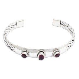 NOVICA Artisan Handmade Garnet Cuff Bracelet Braided Sterling Silver with Three Garnets Red Indonesia Marsala Birthstone [6 in L (end to End) x 0.4 in W] ' Three Guardians'