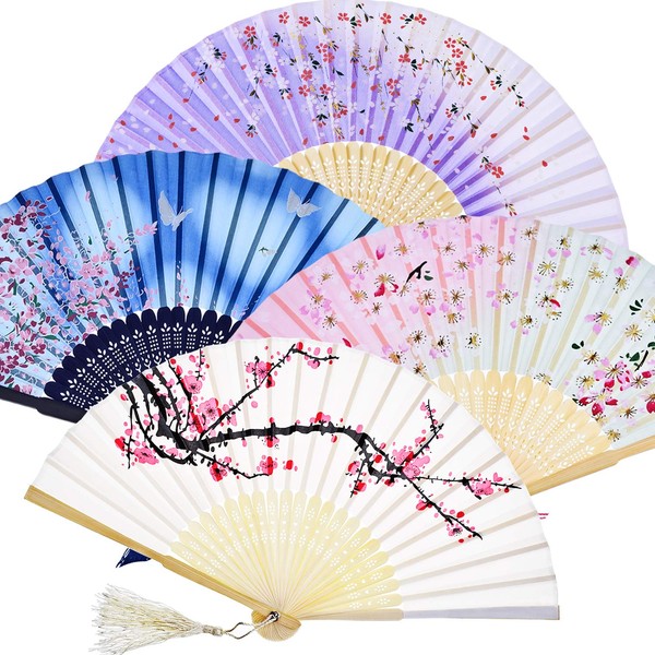 Foldable Bamboo Hand Fans with Tassel for Women Wall Decor Gift (White Cherry, Pink Cherry, Blue Cherry, Purple Cherry) 4 Pcs