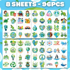 Earth Day Temporary Tattoos for Kids - Colorful Designs, 96 PCS - Perfect for Themed Birthday Party Supplies Decorations Favors Decor – Environment Fun Cute Stickers Tattoo Gifts for Boys Girls Prizes