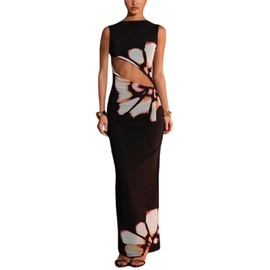 Women's Sleeveless Floral Printed Maxi Dress Sexy Hollow Out Back Slit Bodycon Long Dress Evening Gown Party Dress
