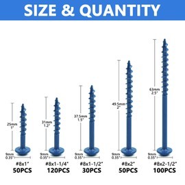 350 PCS Pocket Hole Screws Assortment Kit, 5 Sizes #8 x 1, 1-1/4", 1-1/2", 2", 2-1/2",Square Drive Self Tapping Coarse Thread Wood Screws Set, Blue Coated, Drive Bit Included Suitable for Outdoor