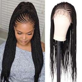 Alebery 13x6 Lace Front Box Braided Wigs for Black Women HD Lace Frontal Box Braids Wigs with Baby Hair Lightweight Synthetic Black Cornrow Fully Handmade Braided Wig (30 inches)