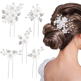 SJBAUTYO Pack of 5 Wedding Hair Pins, Flower Pearls Bridal Hair Accessories, Silver Bridal Jewellery, Hair U-shaped Wedding Hair Clips for Women, Girls