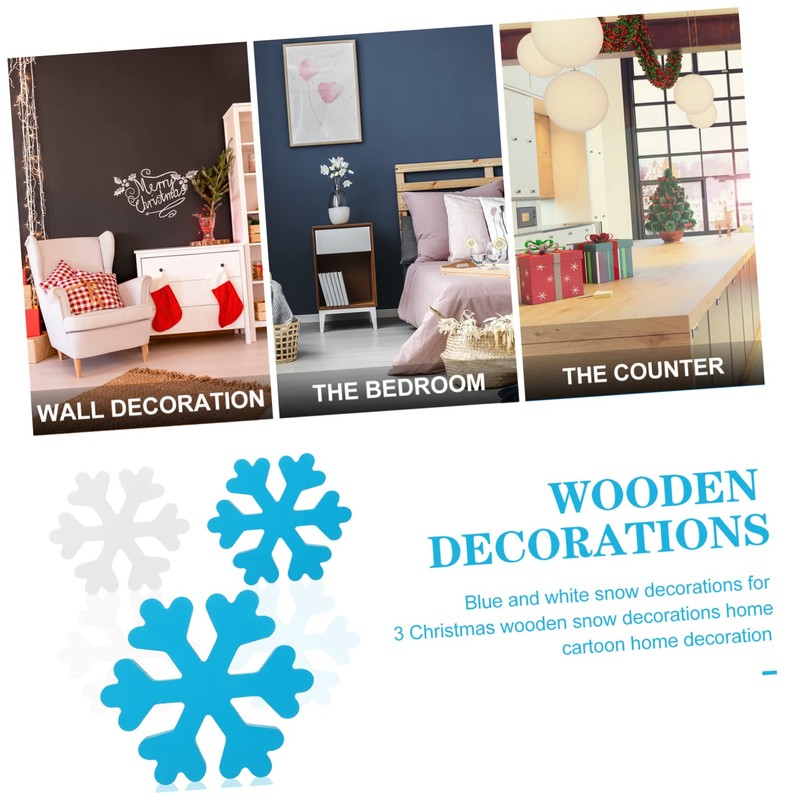 MAGICLULU 3pcs Blue and White Wooden Snowflake Ornaments Xmas Table
