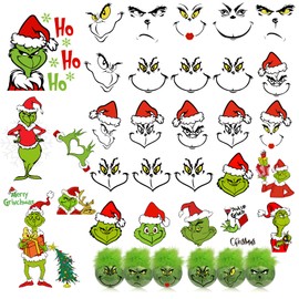 30 PCS Green Face Stickers for Crafts Christmas Green MonsterDecals for Christmas Ornament Window Stickers Balls Glass Water Bottles Cup Christmas Decorations