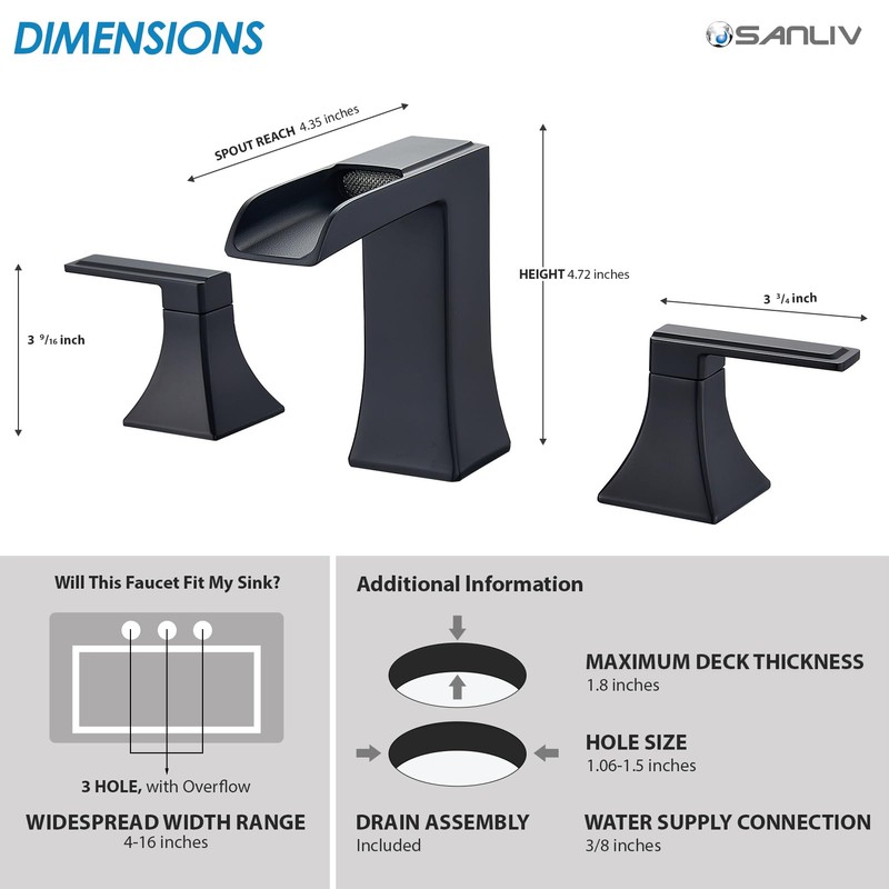 Black Waterfall Bathroom Faucet, Sanliv 3-Piece Widespread Bathroom Faucet for