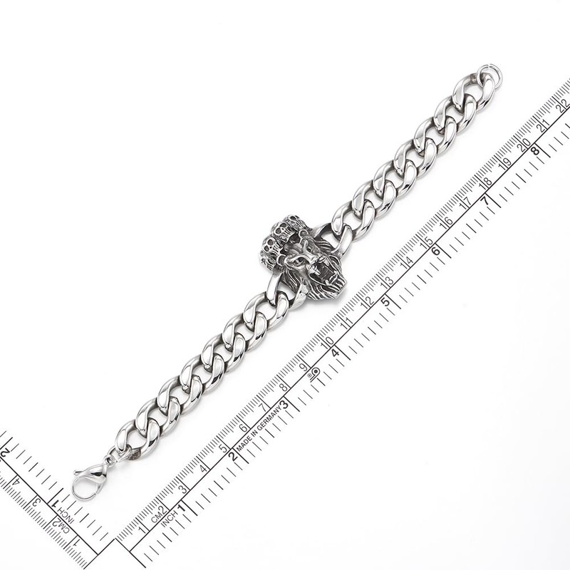 COOLSTEELANDBEYOND Men's Stainless Steel Lion Head Bracelet with Skull, Heavy