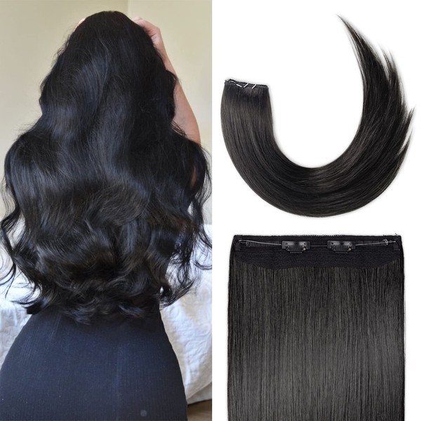 Queensstyle Human Hair Extensions 1B# Natural Black Wire Hair Extensions clip in 16In 80g Flip in Straight Hidden Wire Extensions Transparent Fish Line Invisible Hairpiece