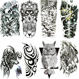 Yesallwas Tattoo Stickers, Realistic and Large Size, Set of 8, Japanese Design and Carving, Carp, Wolf, Body Stickers, Waterproof, Easy to Apply on Arms, Legs, Body, Chest, Shoulder, Back, 5.9 x 8.3 inches (15 x 21 cm)