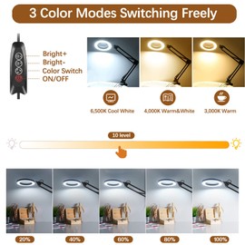 VUEJIC 10X Magnifying Glass with Light and Clamp, Magnifier with Light Hands Free3 Color Modes Stepless Dimmable, 72 LEDs Real Glass Lens Magnifying Lamp for Close Work, Repair, Reading, Craft