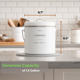 D'Lifeful Kitchen Compost Bin – 1.3 Gallon Countertop Farmhouse Compost Container with Lid – Odorless Indoor Food Scrap Pail with 6 Charcoal Filters – Eco-Conscious and Easy to Clean - White
