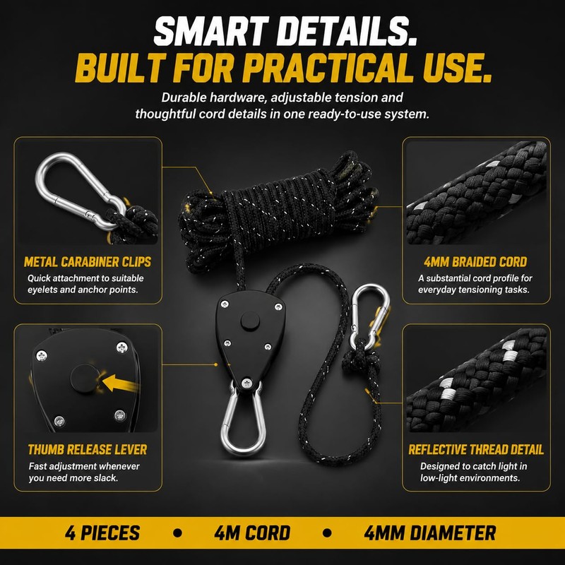 Rope Ratchet Tie Downs, 4mm x 4m Heavy Duty Adjustable