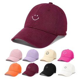 Zando SmileyWorld Smiley Face Baseball Cap Women Men Teens Cotton Trendy Preppy Embroidery Wine Red Funny Baseball Hat for Golf Running Gym