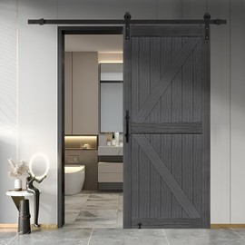 S&Z TOPHAND® 36 in x 80 in MDF Deep Gray British Brace Knotty Barn Door with 6.6FT Sliding Door Hardware Kit/Double -Sided Door Handle/Sliding Door/Double Surfaces/Simple Assembly is Required