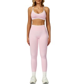 ABOCIW Womens Workout Sets 2 Piece Seamless Color Block Sports Bra Scrunch Butt Lifting High Waist Leggings Gym Set Yoga Pilates Outfits Athletic Work Out Clothes Pink Medium