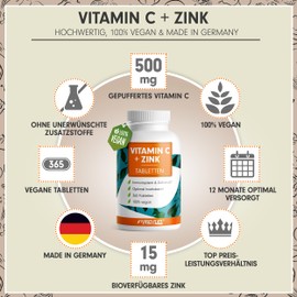 Vitamin C + Zinc (1095 Tabs) - Optimal High Dose: 500 mg Buffered Vitamin C + 15 mg Zinc from Bioavailable Zinc Bisglycinate - Immune System & Cell Protection - Laboratory Tested with Certificate -