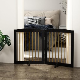 PUPETPO Freestanding Pet Gate for Dogs, Foldable Wooden Dog Gate for House, Indoor Dog Gate for Stairs, Doorways, Step Over Pet Puppy Safety Fence,Support Feet Included,24" Height 2 Panels, Black&Gold