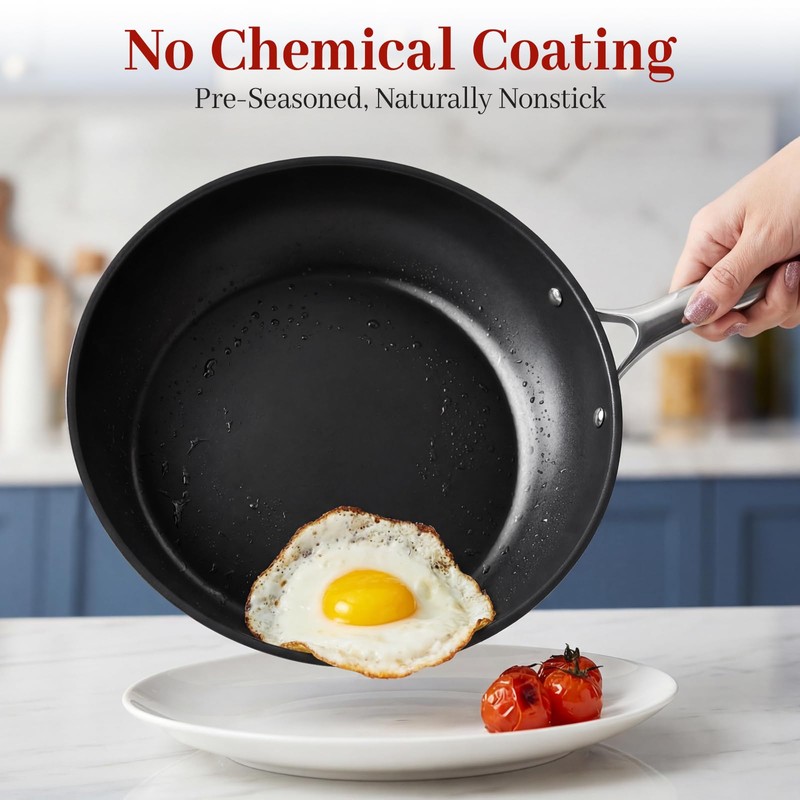 Carbon Steel Frying Pan 12" - Pre-Seasoned Carbon Steel Skillet,