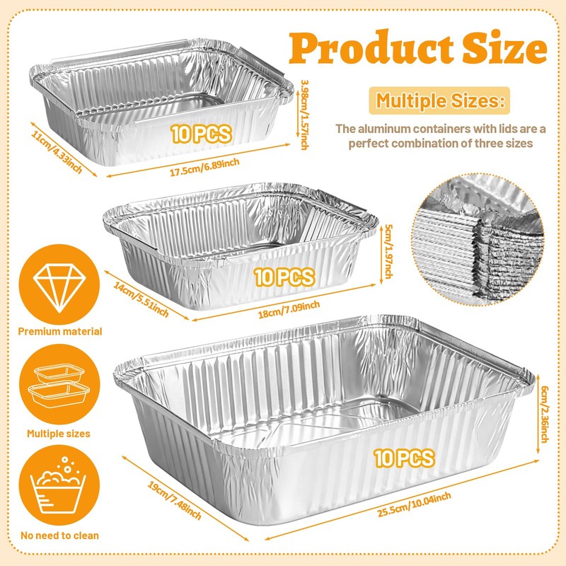 GGOLDMER 30 Pack Disposable Aluminum Foil Pans with Lids, 10x7.5