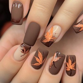 French Tip Press on Nails Medium Coffin Fake Nails Matte Brown False Nails with Orange Maple Leaves Designs Artificial Nails Full Cover Stick on Acrylic Nails for Women Nail Art Decor 24 PCS