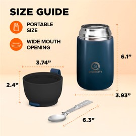 ENERGIFY Vacuum Insulated Food Jar. Large 24oz Bowl incl. Folding Spoon, Cup. Wide Mouth Keep Hot & Cold Drinks Soup Lunch Container for Adults. BPA-Free Stainless Steel, Leak Prooff Velvet blue