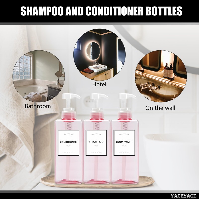 YACEYACE Pink Shampoo and Conditioner Set of 3, 16.9oz Clear