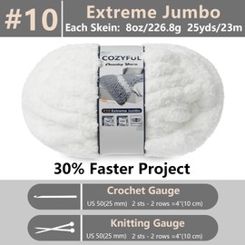 Cozyful Chunky Yarn for Hand Knitting - #10 Chunky Chenille Yarn, Jumbo Big Thick Chunky Yarns for Crocheting, Super Bulky Chunky Knit Blanket Yarns, 8 Skein (25 yds 8 oz Each Skein), Pure White