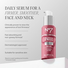 No7 Restore & Renew - Suero multiacción para rostro y cuello, suero antienvejecimiento para reparación profunda de arrugas, cuidado de la piel con infusión de colágeno con una mezcla hidratante de