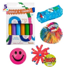Toysmith Activity Pack Bundle – Light Up Happy Ball, Atom Ball, Crinkle N Connect, Rainbow Pom Ball, and Sealife Water Snake – Sensory and Interactive Play for Kids- Gift for Kids Ages 3+