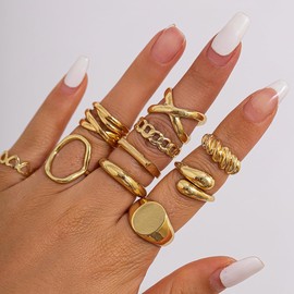Inactwin Gold Chunky Rings Set for Women 14K Stackable Dome Statement Rings Vintage Dainty Knuckle Open Midi Finger Rings Gold Jewelry Prom Costume Accessories Set of 4-10 (4Pcs Gold Chunky Rings -1)